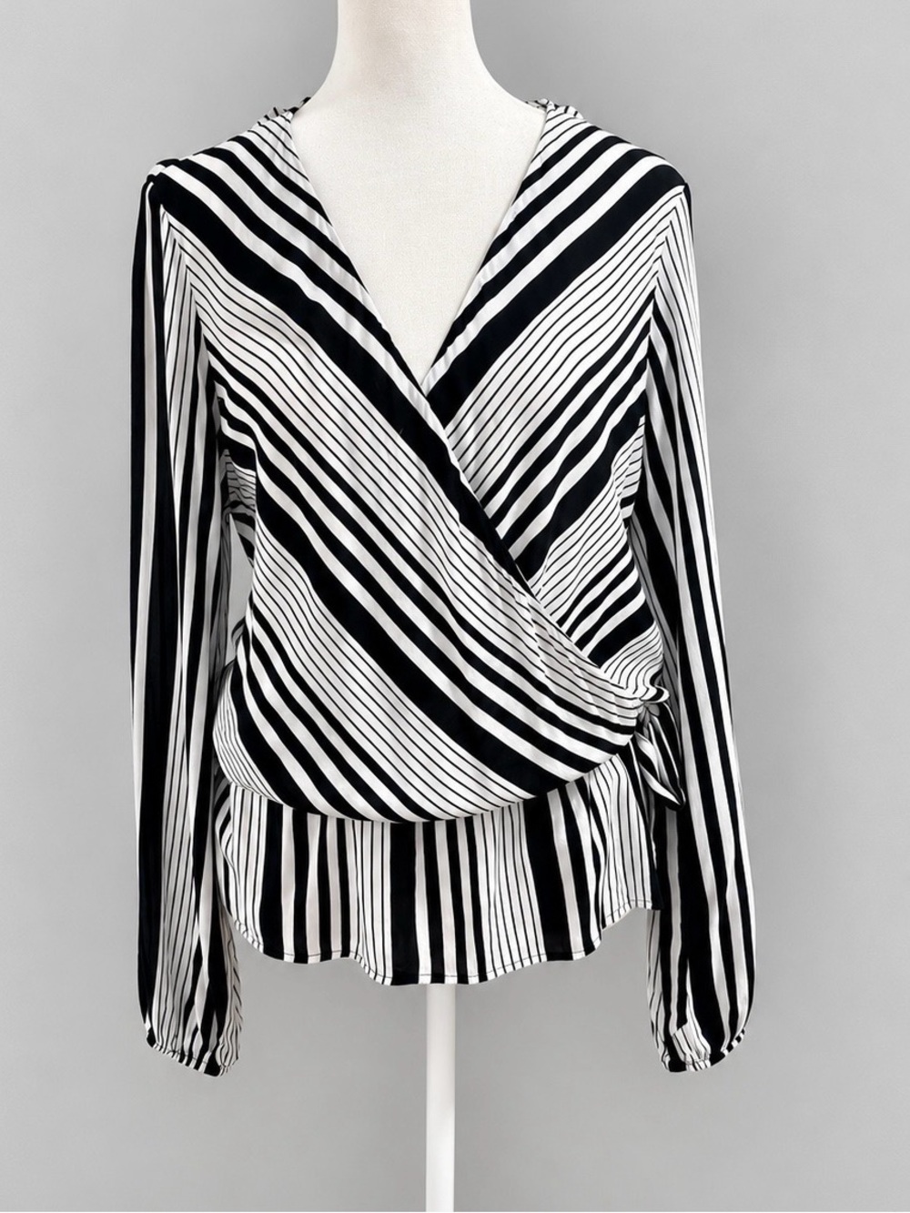 INC International Concepts Women’s M Black White Striped Wrap Tie Peplum Blouse